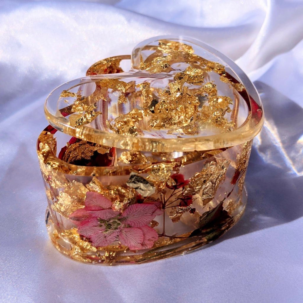 Handmade Gold Rose Resin Heart Trinket Box - Jasmin Renee Art