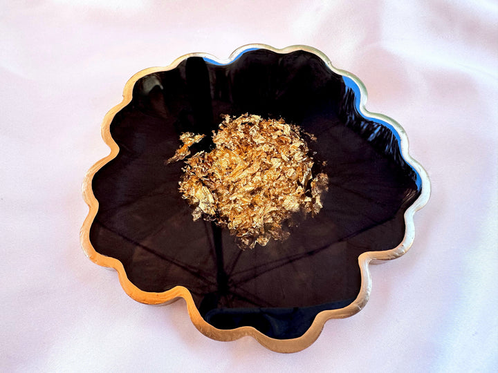 Handmade Midnight Raven Black and Gold Leaf Accented Flower Resin Coasters Set- Jasmin Renee Art