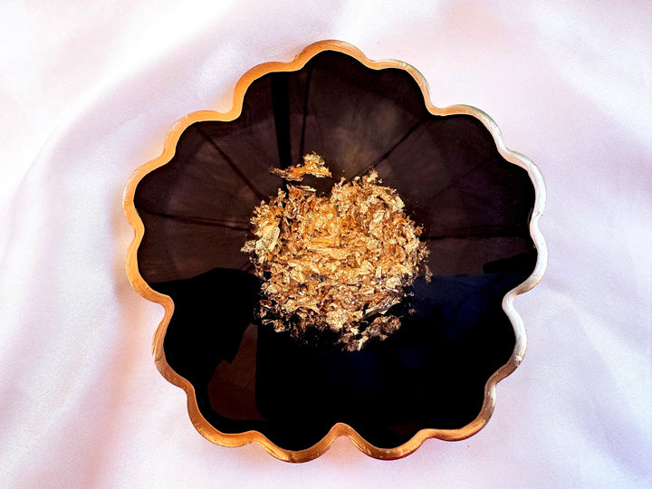 Handmade Midnight Raven Black and Gold Leaf Accented Flower Resin Coasters Set- Jasmin Renee Art
