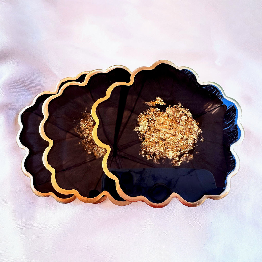 Handmade Midnight Raven Black and Gold Leaf Accented Flower Resin Coasters Set- Jasmin Renee Art