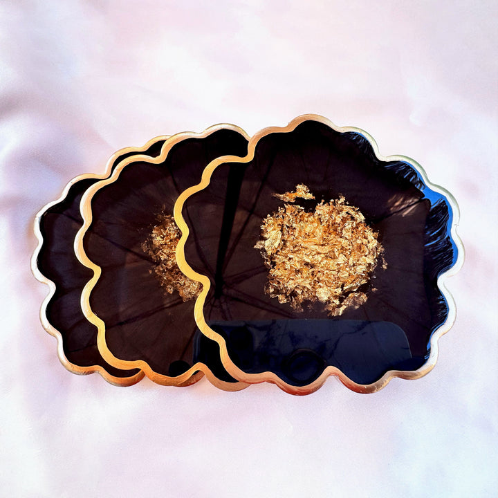Handmade Midnight Raven Black and Gold Leaf Accented Flower Resin Coasters Set- Jasmin Renee Art