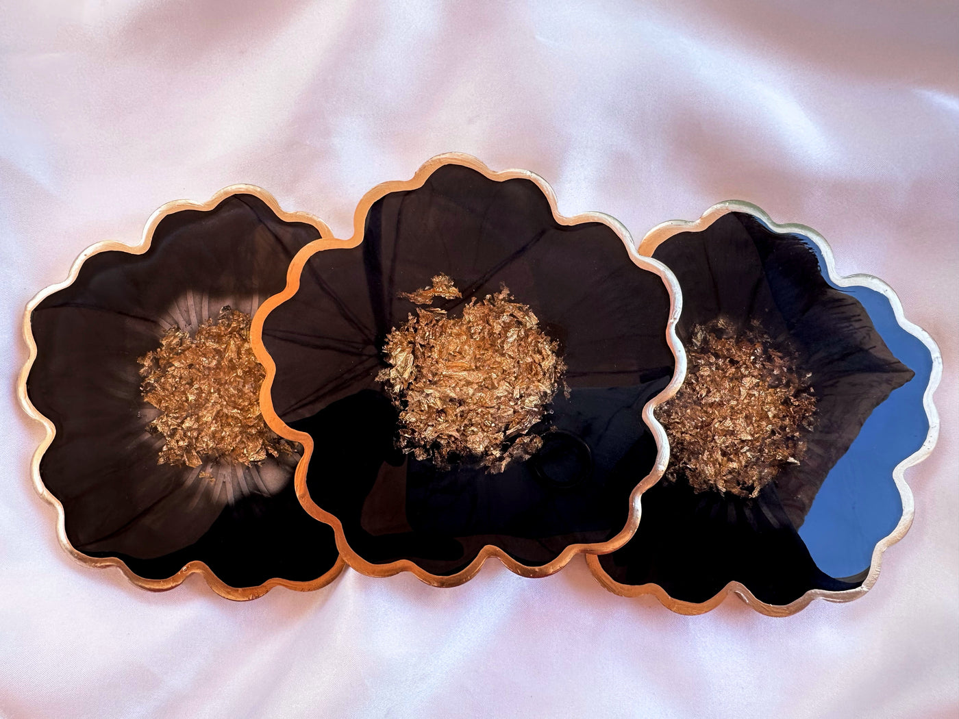 Handmade Midnight Raven Black and Gold Leaf Accented Flower Resin Coasters Set- Jasmin Renee Art