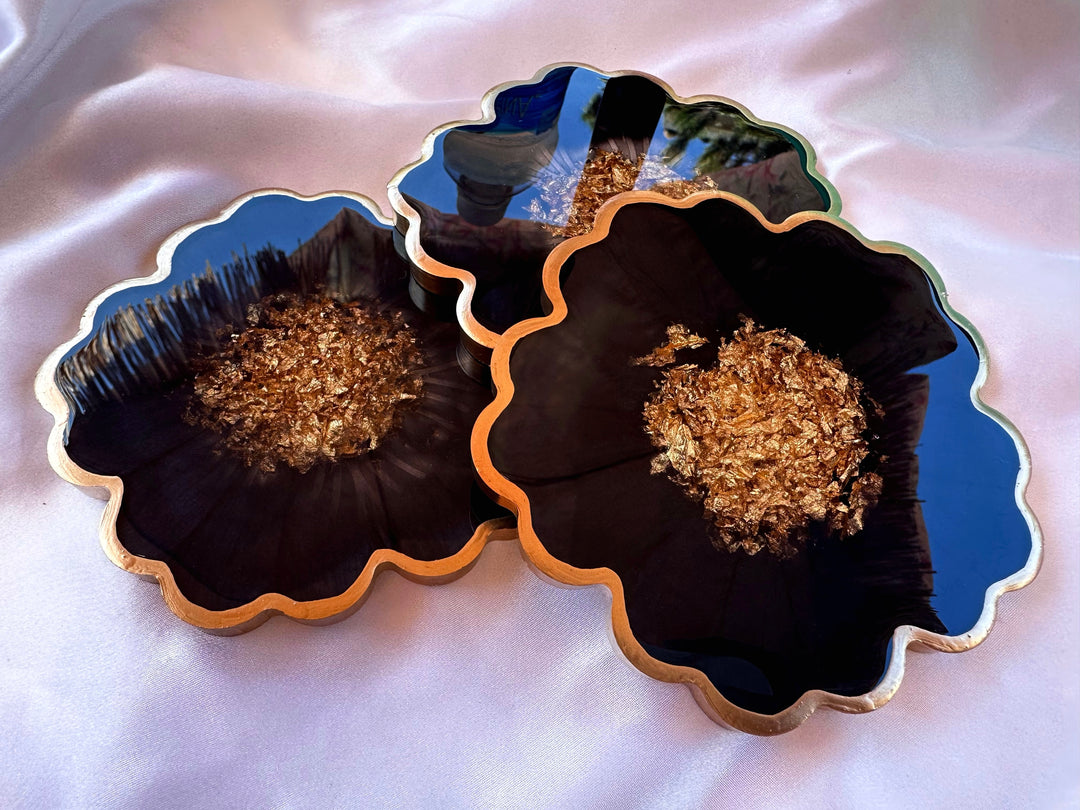 Handmade Midnight Raven Black and Gold Leaf Accented Flower Resin Coasters Set- Jasmin Renee Art