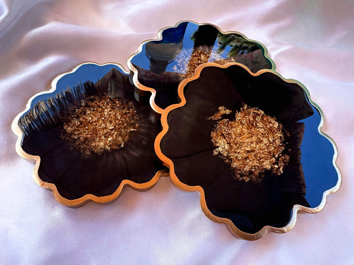 Handmade Midnight Raven Black and Gold Leaf Accented Flower Resin Coasters Set- Jasmin Renee Art
