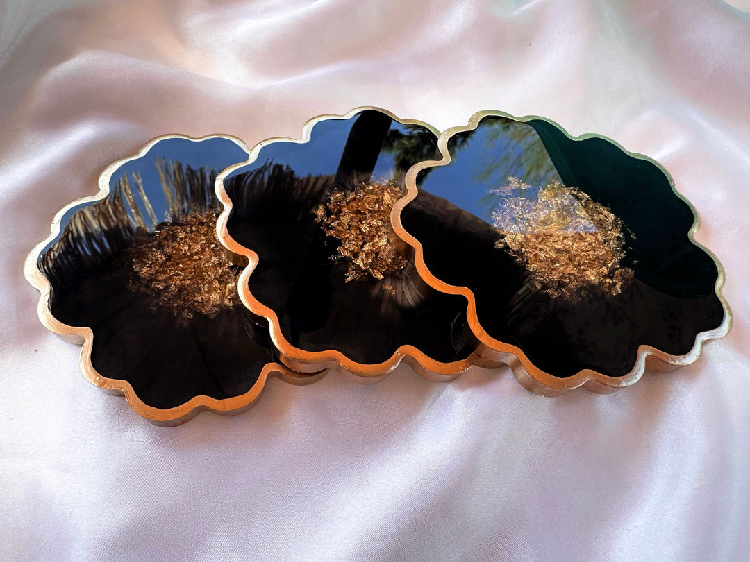 Handmade Midnight Raven Black and Gold Leaf Accented Flower Resin Coasters Set- Jasmin Renee Art