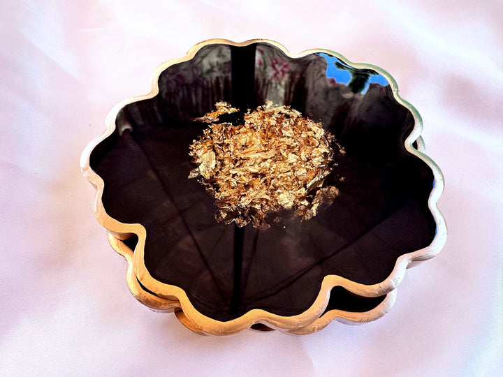 Handmade Midnight Raven Black and Gold Leaf Accented Flower Resin Coasters Set- Jasmin Renee Art