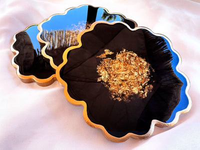 Handmade Midnight Raven Black and Gold Leaf Accented Flower Resin Coasters Set- Jasmin Renee Art