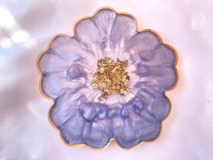 Handmade Orchid Violet Lavender Lilac Purple and Gold Resin Flower Shaped Coasters Gold Rim Edges - Jasmin Renee Art - Single Coaster