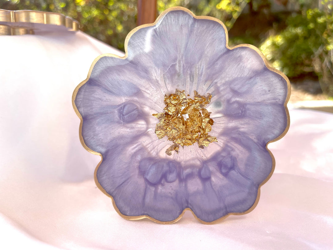 Handmade Orchid Violet Lavender Lilac Purple and Gold Resin Flower Shaped Coasters Gold Rim Edges - Jasmin Renee Art - Single Coaster Standing Up