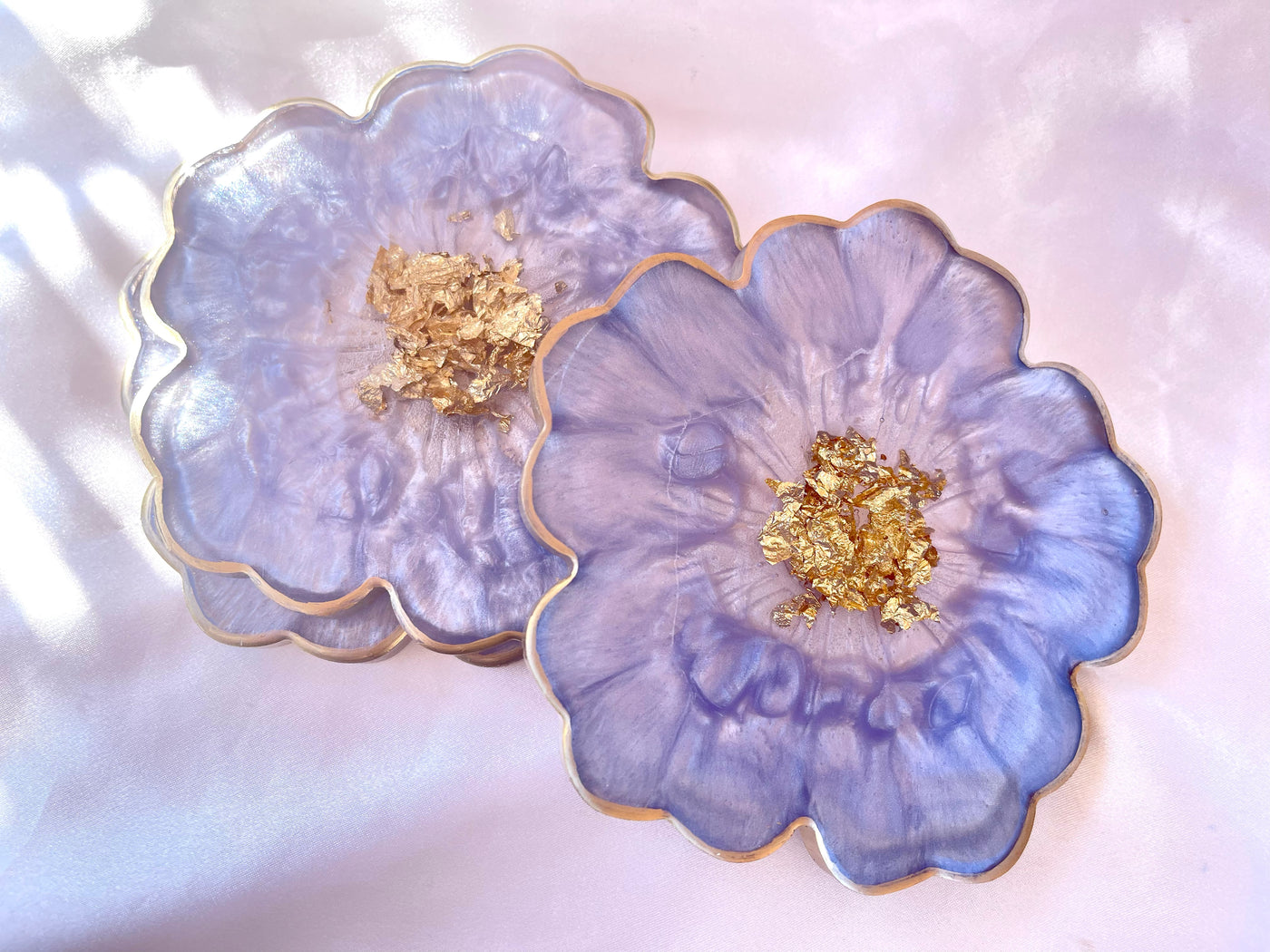 Handmade Orchid Violet Lavender Lilac Purple and Gold Resin Flower Shaped Coasters Gold Rim Edges - Jasmin Renee Art - Three Coasters