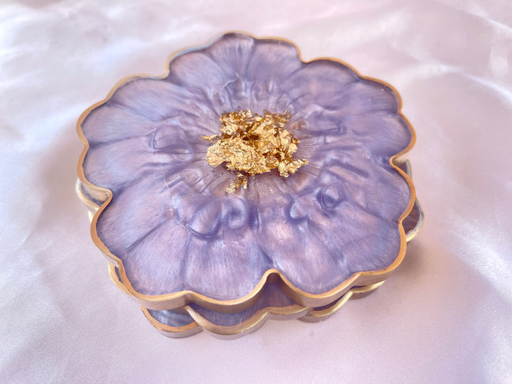 Handmade Orchid Violet Lavender Lilac Purple and Gold Resin Flower Shaped Coasters Gold Rim Edges - Jasmin Renee Art - Three Coasters Stacked