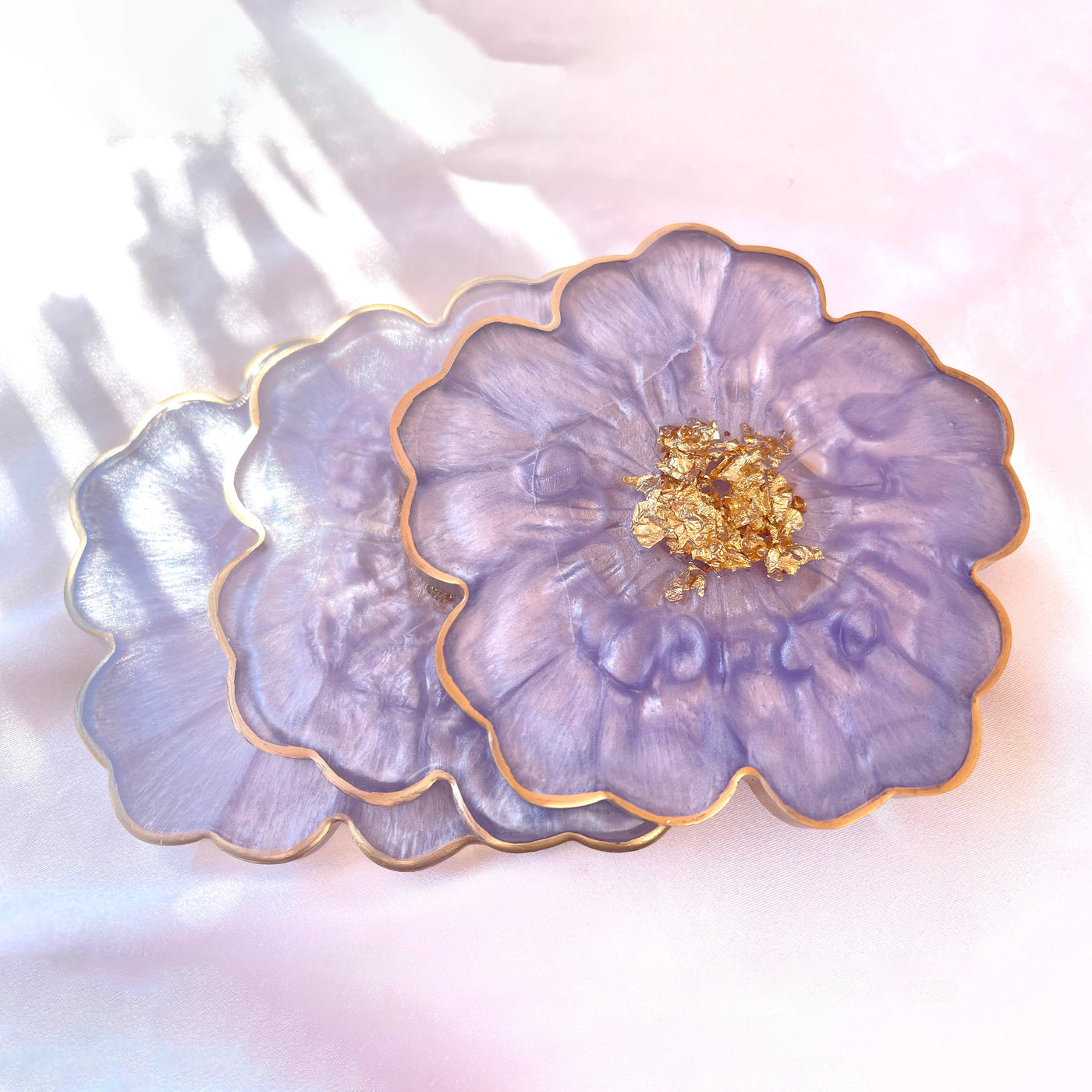 Handmade Orchid Violet Lavender Lilac Purple and Gold Resin Flower Shaped Coasters Gold Rim Edges - Jasmin Renee Art - Three Coasters