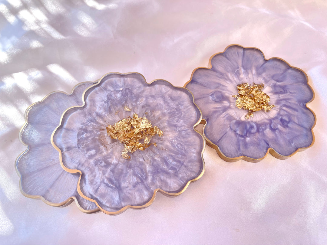 Handmade Orchid Violet Lavender Lilac Purple and Gold Resin Flower Shaped Coasters Gold Rim Edges - Jasmin Renee Art - Three Coasters