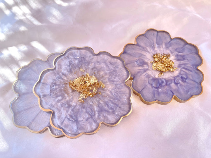 Handmade Orchid Violet Lavender Lilac Purple and Gold Resin Flower Shaped Coasters Gold Rim Edges - Jasmin Renee Art - Three Coasters