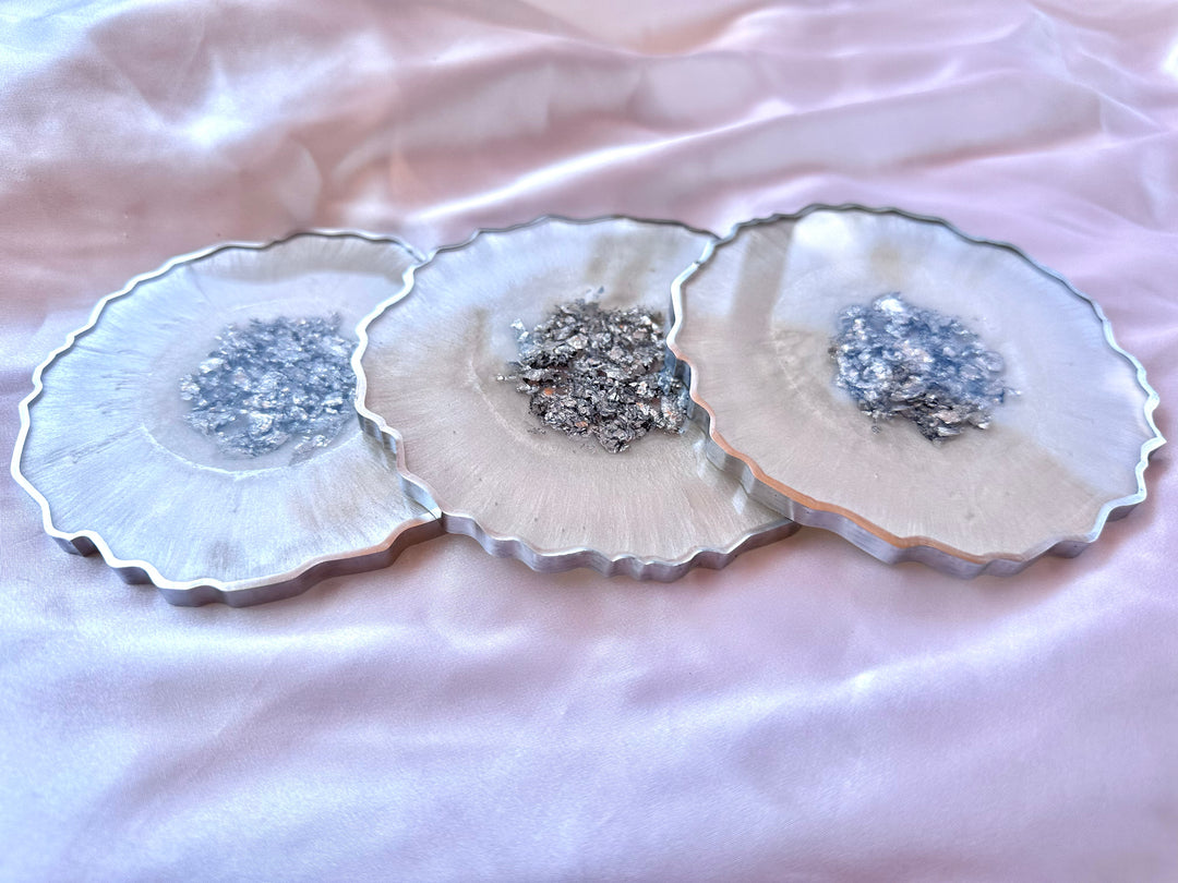 Snow White &amp; Chrome Large Resin Geode Coasters withSilver Accented Rim Edges - Jasmin Renee Art - Three Coasters