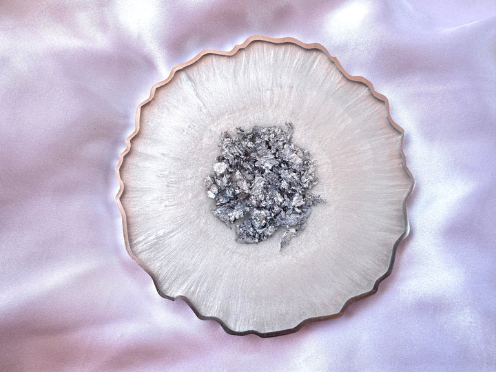 Snow White &amp; Chrome Large Resin Geode Coasters withSilver Accented Rim Edges - Jasmin Renee Art - Single Coaster