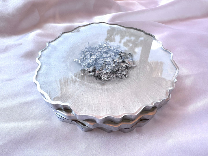 Snow White &amp; Chrome Large Resin Geode Coasters withSilver Accented Rim Edges - Jasmin Renee Art - Three Coasters Stacked