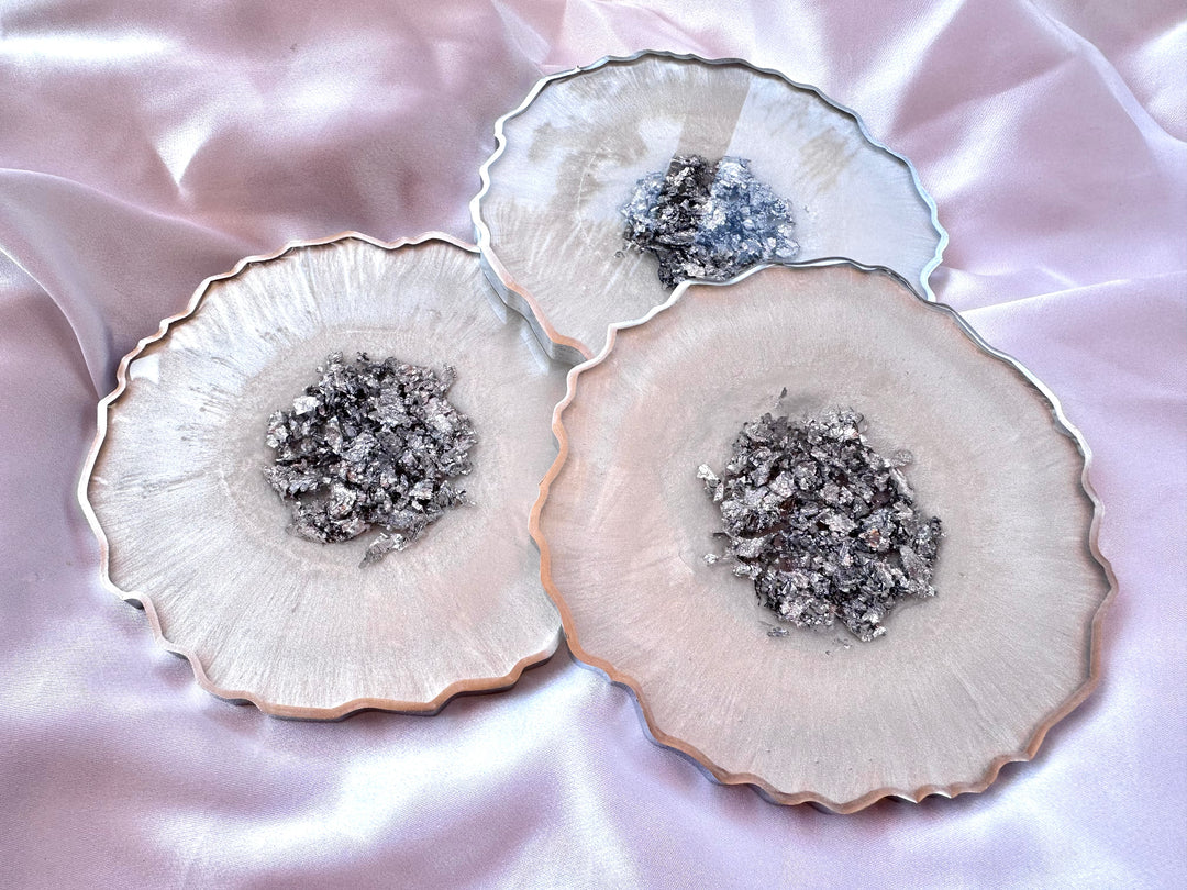 Snow White &amp; Chrome Large Resin Geode Coasters withSilver Accented Rim Edges - Jasmin Renee Art - Three Coasters