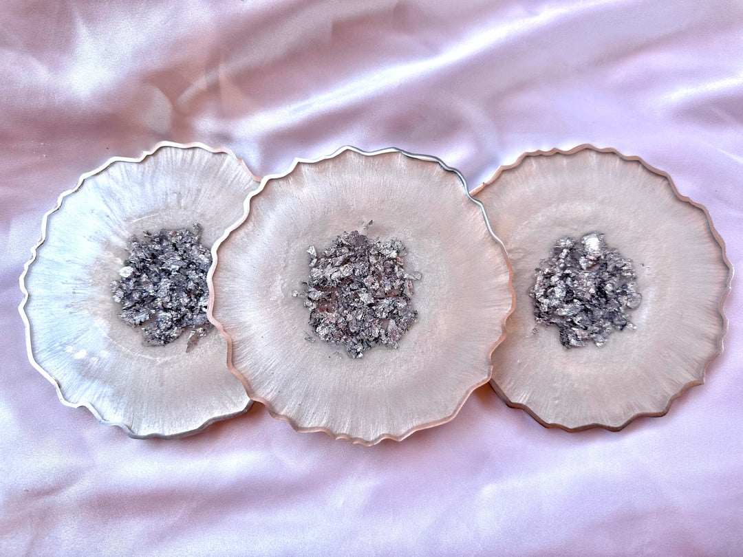 Snow White &amp; Chrome Large Resin Geode Coasters withSilver Accented Rim Edges - Jasmin Renee Art - Three Coasters