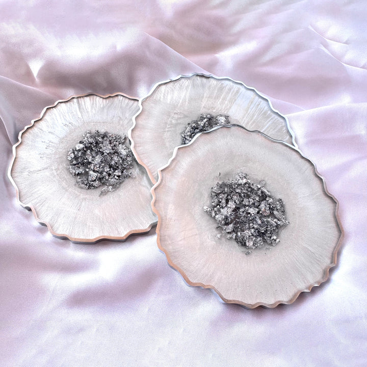 Snow White &amp; Chrome Large Resin Geode Coasters withSilver Accented Rim Edges - Jasmin Renee Art - Three Coasters