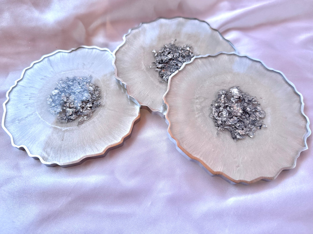 Snow White &amp; Chrome Large Resin Geode Coasters withSilver Accented Rim Edges - Jasmin Renee Art - Three Coasters