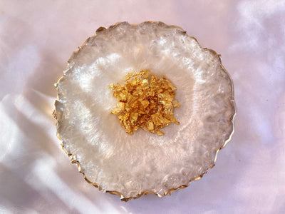 Handmade Pearlescent White and Gold Crushed Glass Elegant Large Resin Geode Coasters with Gold Accented Rim Edges - Jasmin Renee Art - Single Coaster