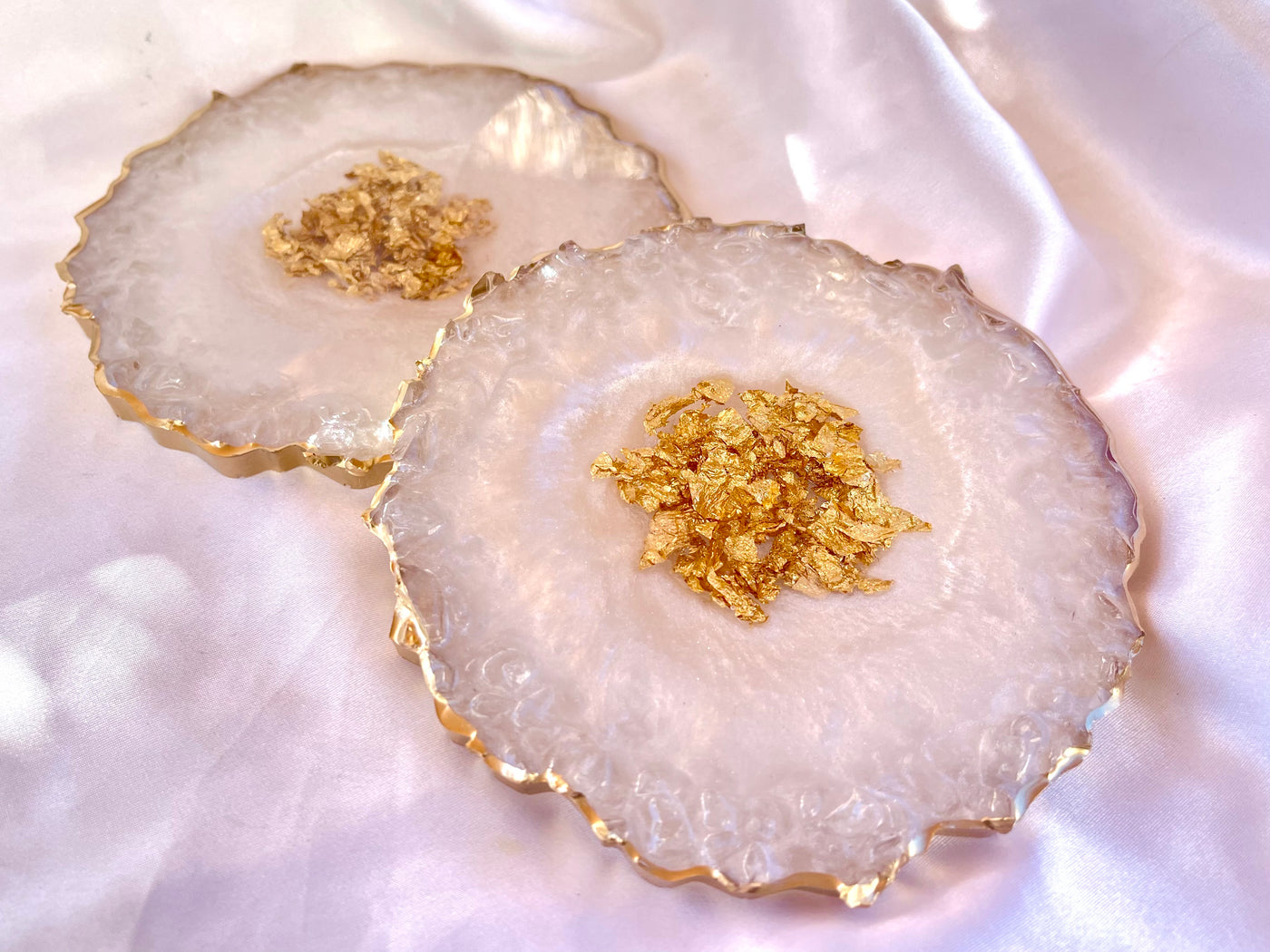 Handmade Pearlescent White and Gold Crushed Glass Elegant Large Resin Geode Coasters with Gold Accented Rim Edges - Jasmin Renee Art - Two Coasters