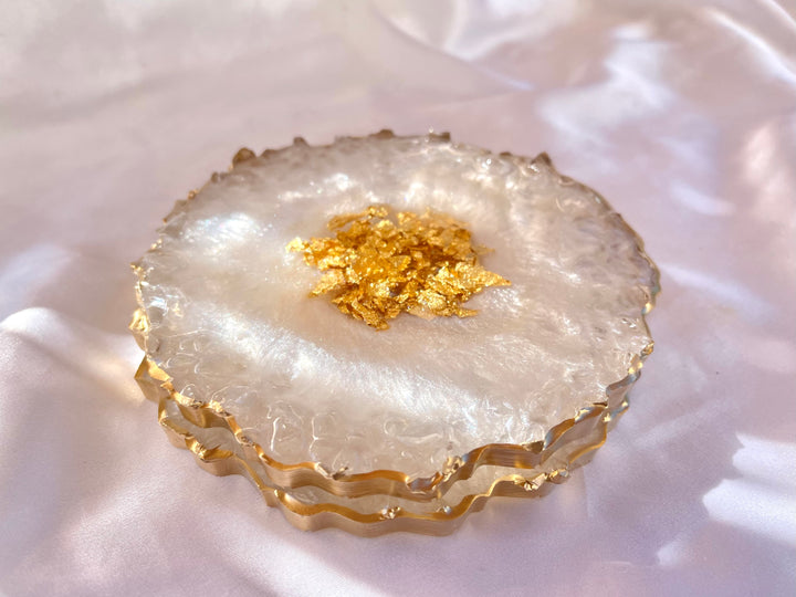 Handmade Pearlescent White and Gold Crushed Glass Elegant Large Resin Geode Coasters with Gold Accented Rim Edges - Jasmin Renee Art - Two Coasters Stacked