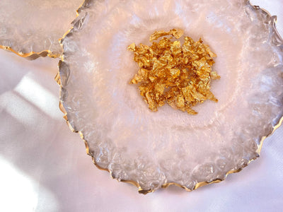 Handmade Pearlescent White and Gold Crushed Glass Elegant Large Resin Geode Coasters with Gold Accented Rim Edges - Jasmin Renee Art - Two Coasters Close Up Details