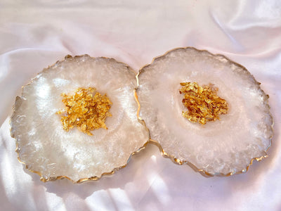 Handmade Pearlescent White and Gold Crushed Glass Elegant Large Resin Geode Coasters with Gold Accented Rim Edges - Jasmin Renee Art - Two Coasters