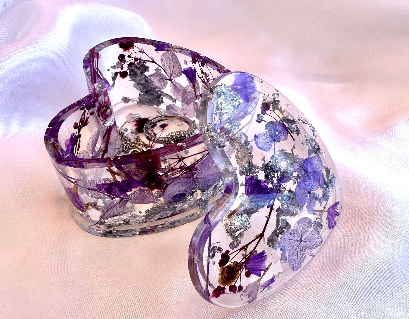 Handmade Purple Lavender and Silver Floral Resin Heart Trinket Box - Jasmin Renee Art