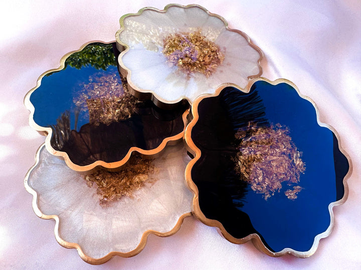 Handmade Midnight Raven Black and Pearly Snow White Gold Leaf Accented Flower Resin Coasters Set- Jasmin Renee Art