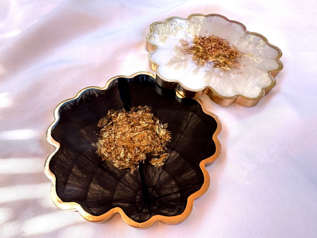 Handmade Midnight Raven Black and Pearly Snow White Gold Leaf Accented Flower Resin Coasters Set- Jasmin Renee Art
