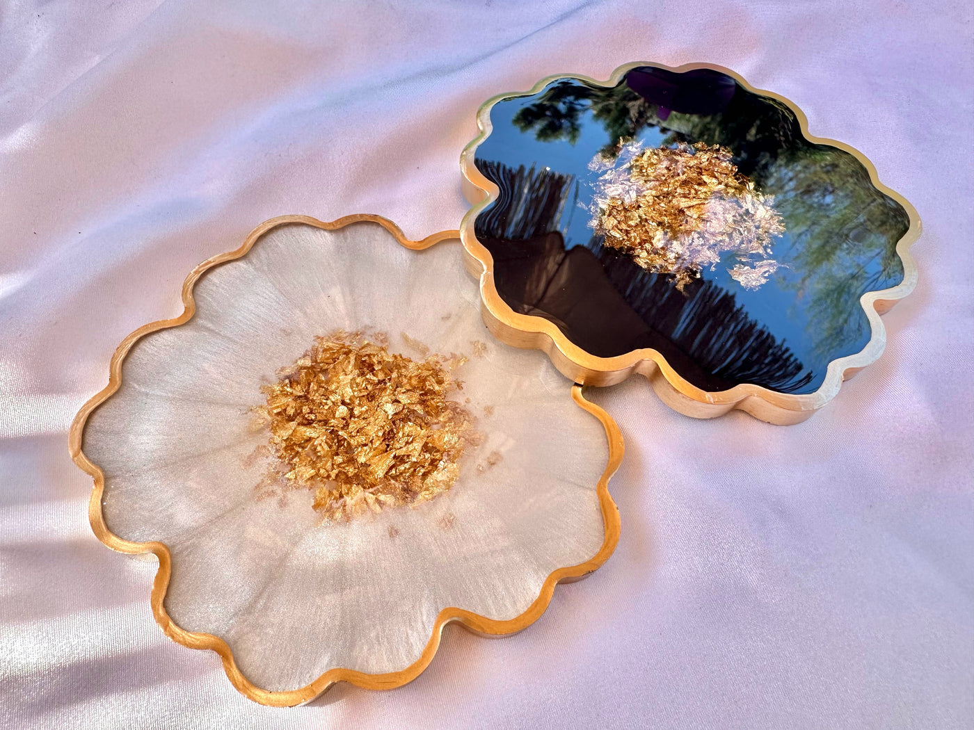 Handmade Midnight Raven Black and Pearly Snow White Gold Leaf Accented Flower Resin Coasters Set- Jasmin Renee Art