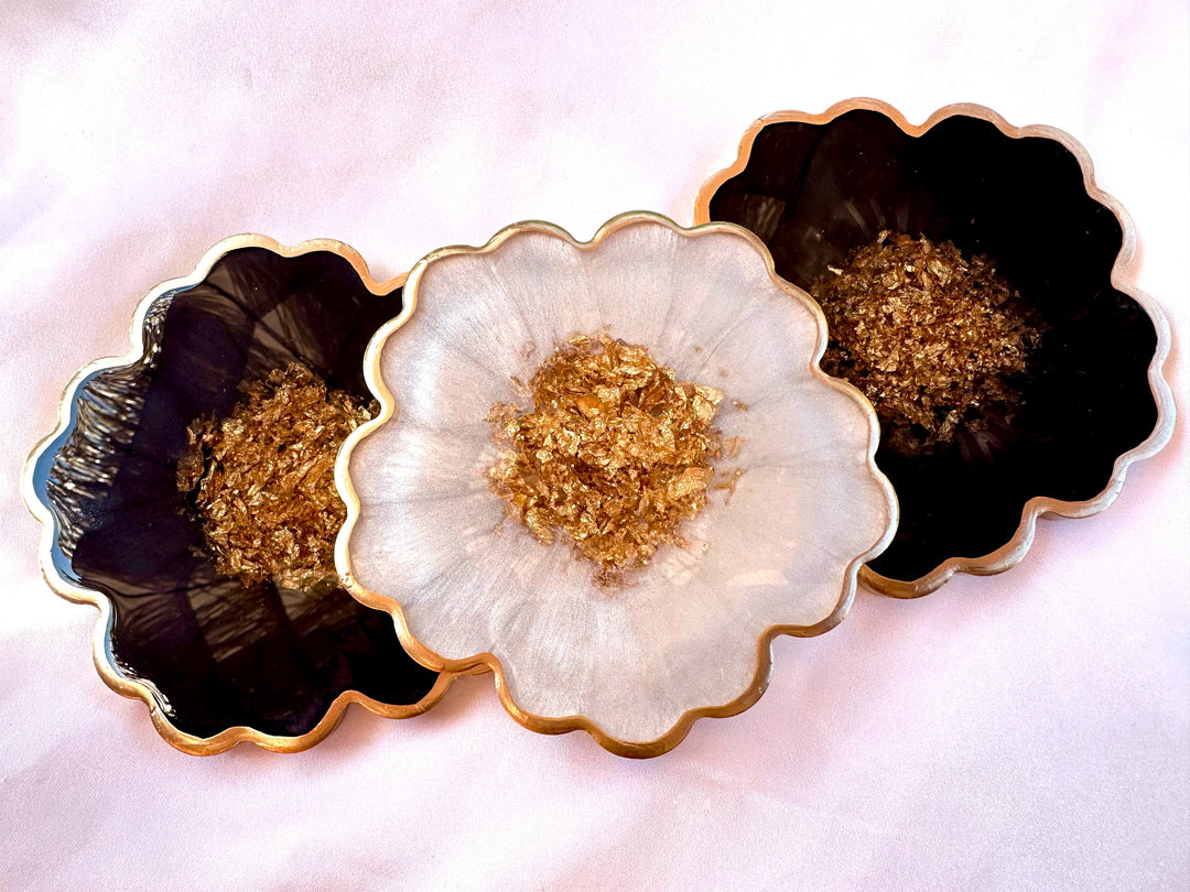 Handmade Midnight Raven Black and Pearly Snow White Gold Leaf Accented Flower Resin Coasters Set- Jasmin Renee Art