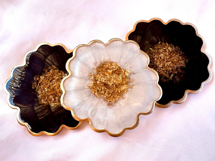 Handmade Midnight Raven Black and Pearly Snow White Gold Leaf Accented Flower Resin Coasters Set- Jasmin Renee Art