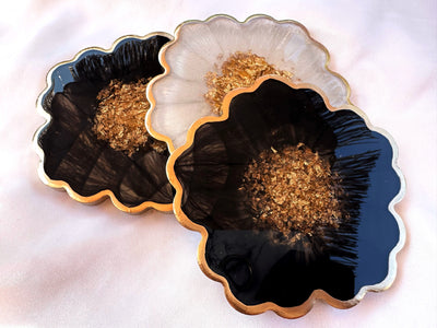 Handmade Midnight Raven Black and Pearly Snow White Gold Leaf Accented Flower Resin Coasters Set- Jasmin Renee Art