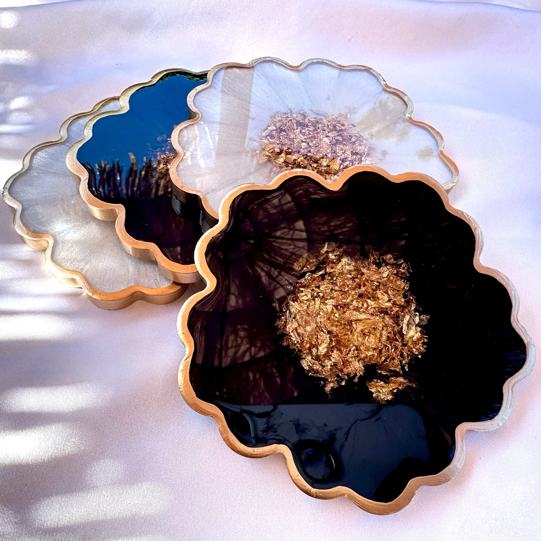 Handmade Midnight Raven Black and Pearly Snow White Gold Leaf Accented Flower Resin Coasters Set- Jasmin Renee Art