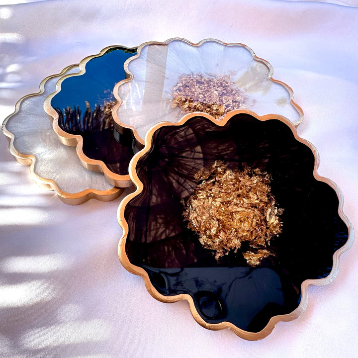 Handmade Midnight Raven Black and Pearly Snow White Gold Leaf Accented Flower Resin Coasters Set- Jasmin Renee Art