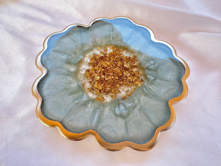 Handmade Sage Mint Green and Gold Flower Shaped Coasters - Jasmin Renee Art - Single Coaster