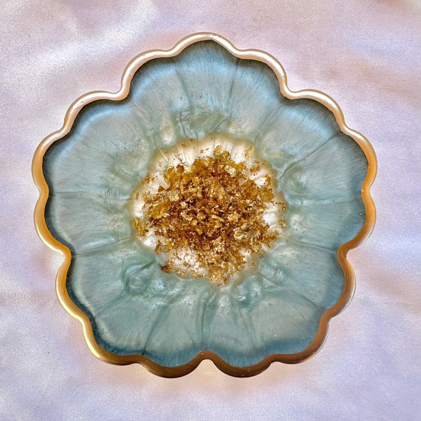 Handmade Sage Mint Green and Gold Flower Shaped Coasters - Jasmin Renee Art - Single Coaster
