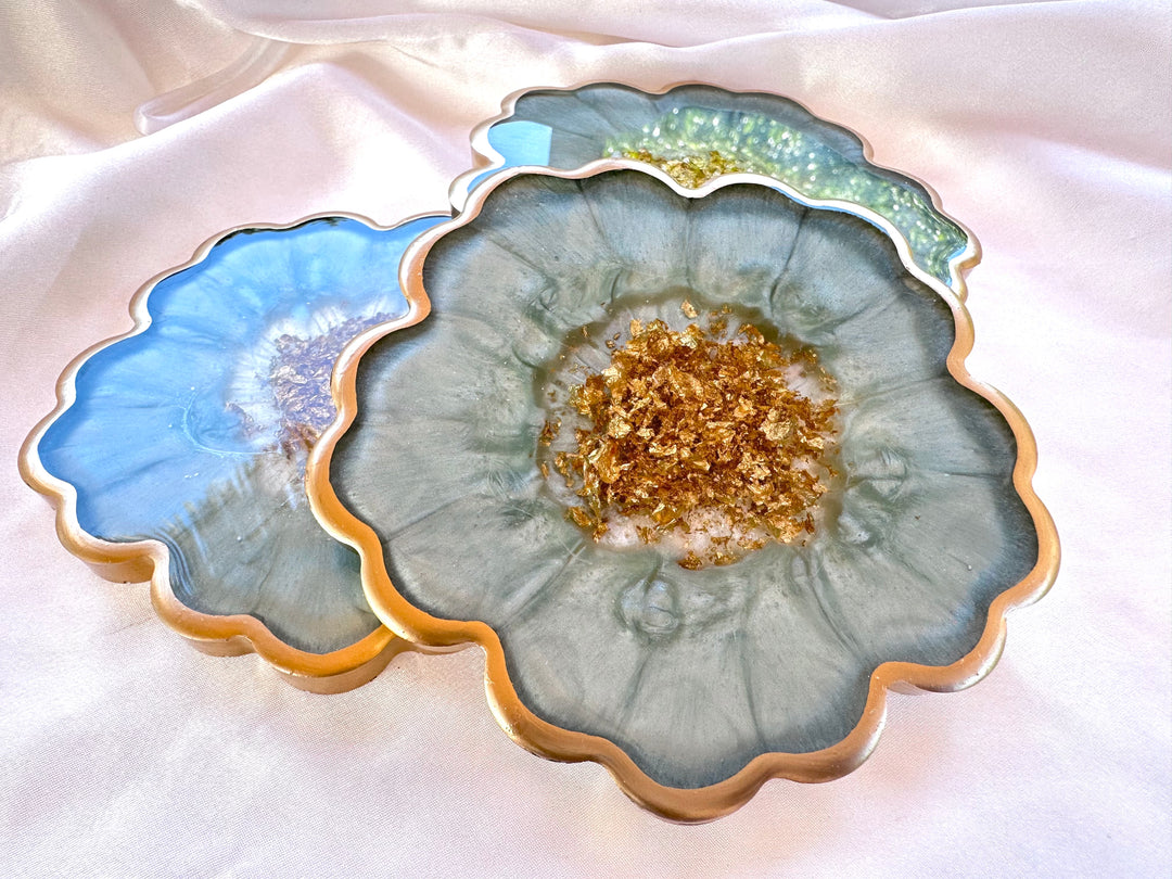Handmade Sage Mint Green and Gold Flower Shaped Coasters - Jasmin Renee Art - Three Coasters