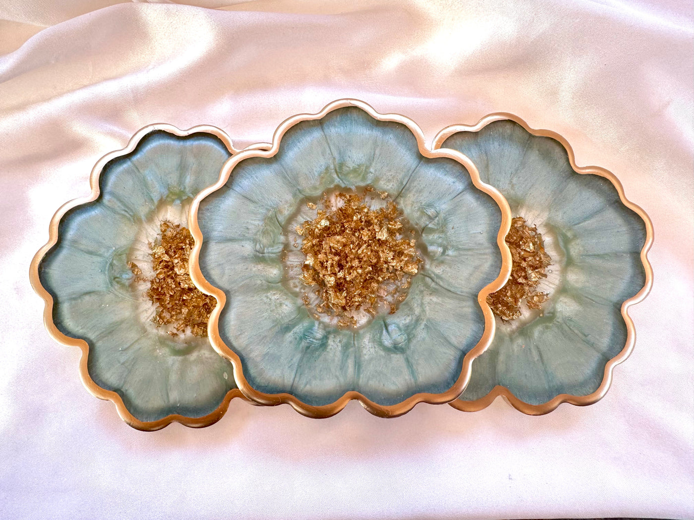 Handmade Sage Mint Green and Gold Flower Shaped Coasters - Jasmin Renee Art - Three Coasters