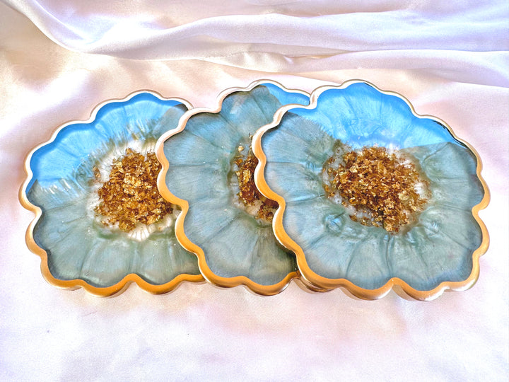 Handmade Sage Mint Green and Gold Flower Shaped Coasters - Jasmin Renee Art - Three Coasters
