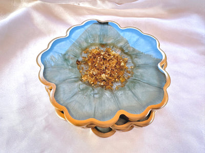 Handmade Sage Mint Green and Gold Flower Shaped Coasters - Jasmin Renee Art - Three Coasters Stacked