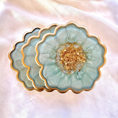Sage Mint Green and Gold Leaf Accented Flower Resin Coasters Set- Jasmin Renee Art