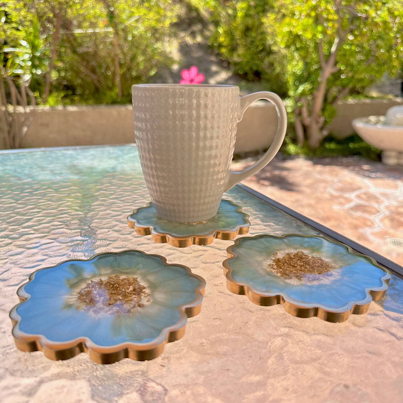Handmade Sage Mint Green and Gold Flower Shaped Coasters - Jasmin Renee Art - Three Coasters with Cup Outside