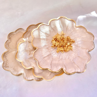 Handmade White Beige Cream and Gold Accented Flower Shaped Coasters Set - Jasmin Renee Art - Three Beige Cream Coasters