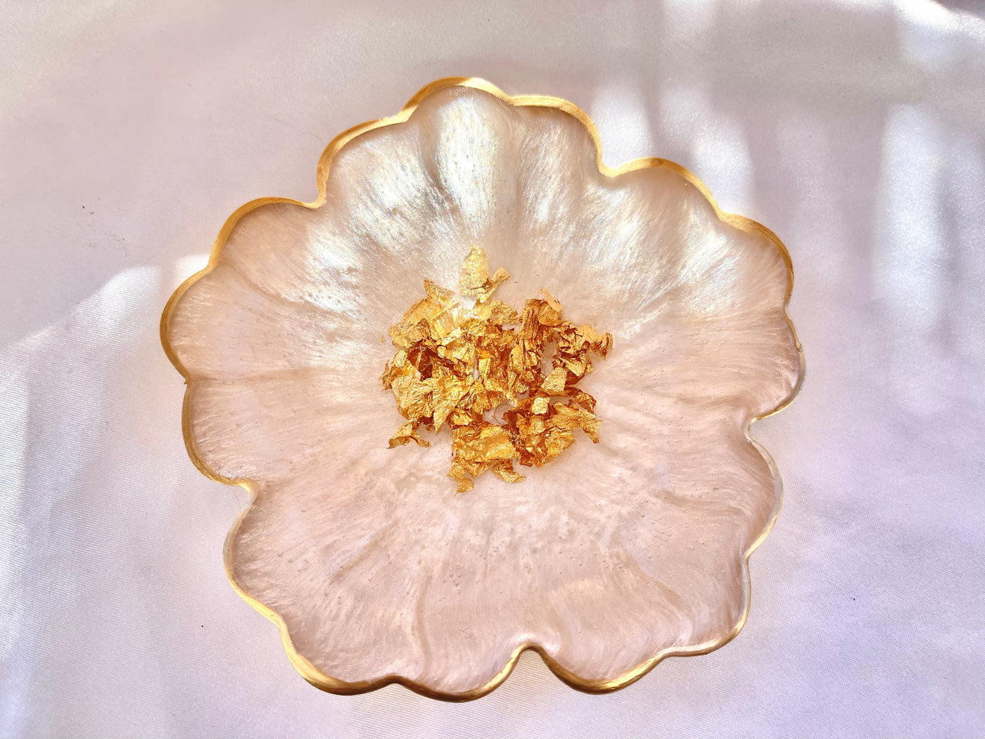 Handmade White Beige Cream and Gold Flower Shaped Coasters  with Gold Accented Rim Edges- Jasmin Renee Art - Three Coasters