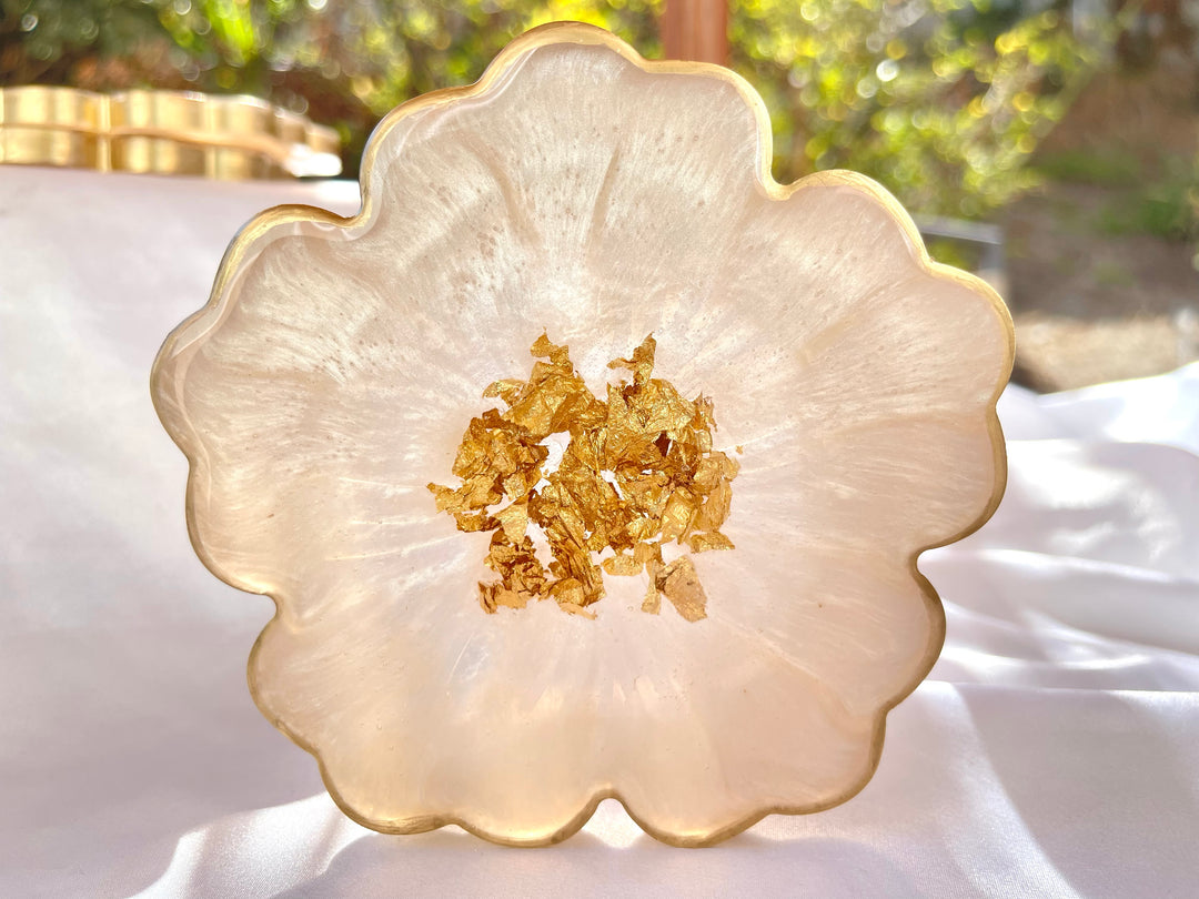 Handmade White Beige Cream and Gold Flower Shaped Coasters  with Gold Accented Rim Edges- Jasmin Renee Art - Three Coasters